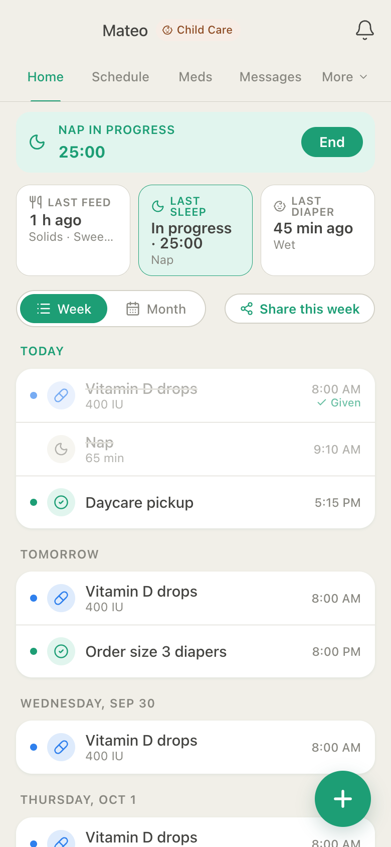 HuddleCare Home for Mateo: the nap timer, last feed 1 hour ago, sleep in progress and last diaper 45 minutes ago, and the week's vitamin D doses and tasks