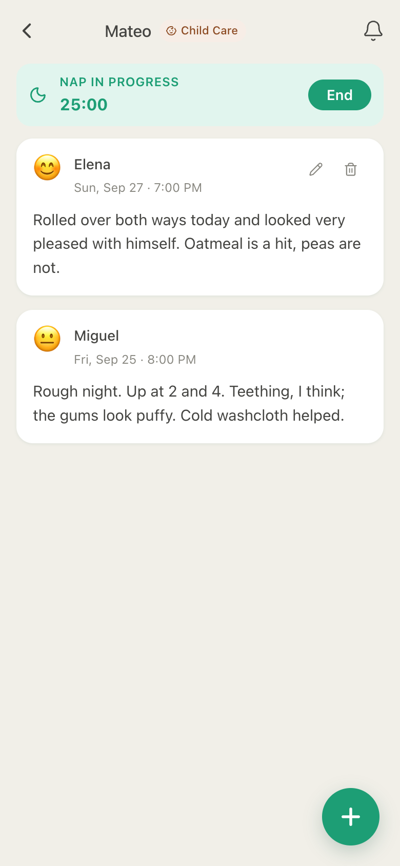HuddleCare Journal for Mateo: Elena on rolling over both ways and loving oatmeal, and Miguel on a rough night of teething