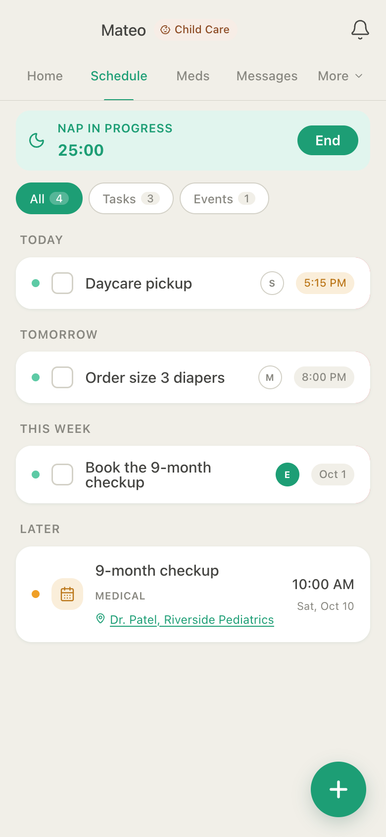 HuddleCare Schedule for Mateo: daycare pickup today, order size 3 diapers tomorrow, book the 9-month checkup this week, and the 9-month checkup with Dr. Patel