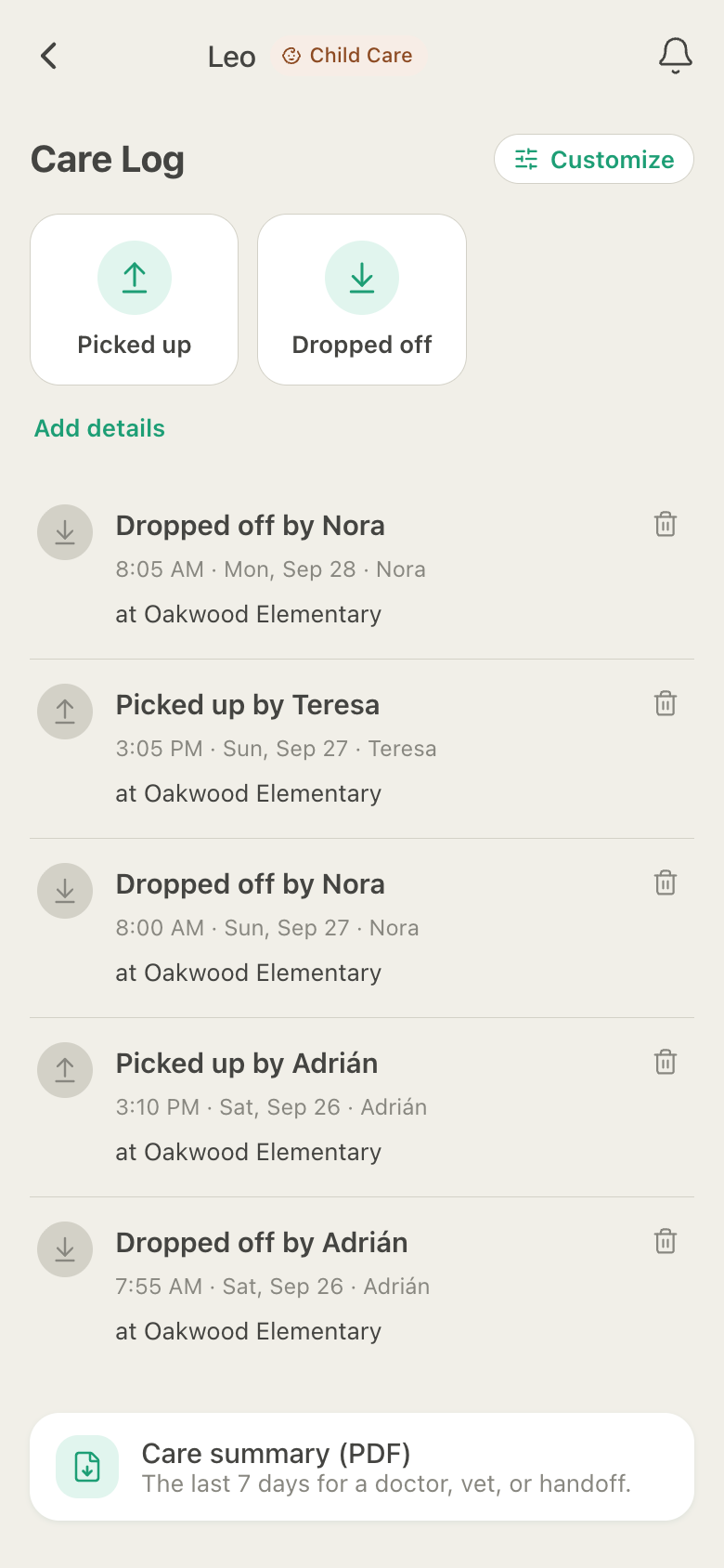 HuddleCare Care Log for Leo: drop-offs by Nora and Adrián and pickups by Teresa and Adrián at Oakwood Elementary over three days