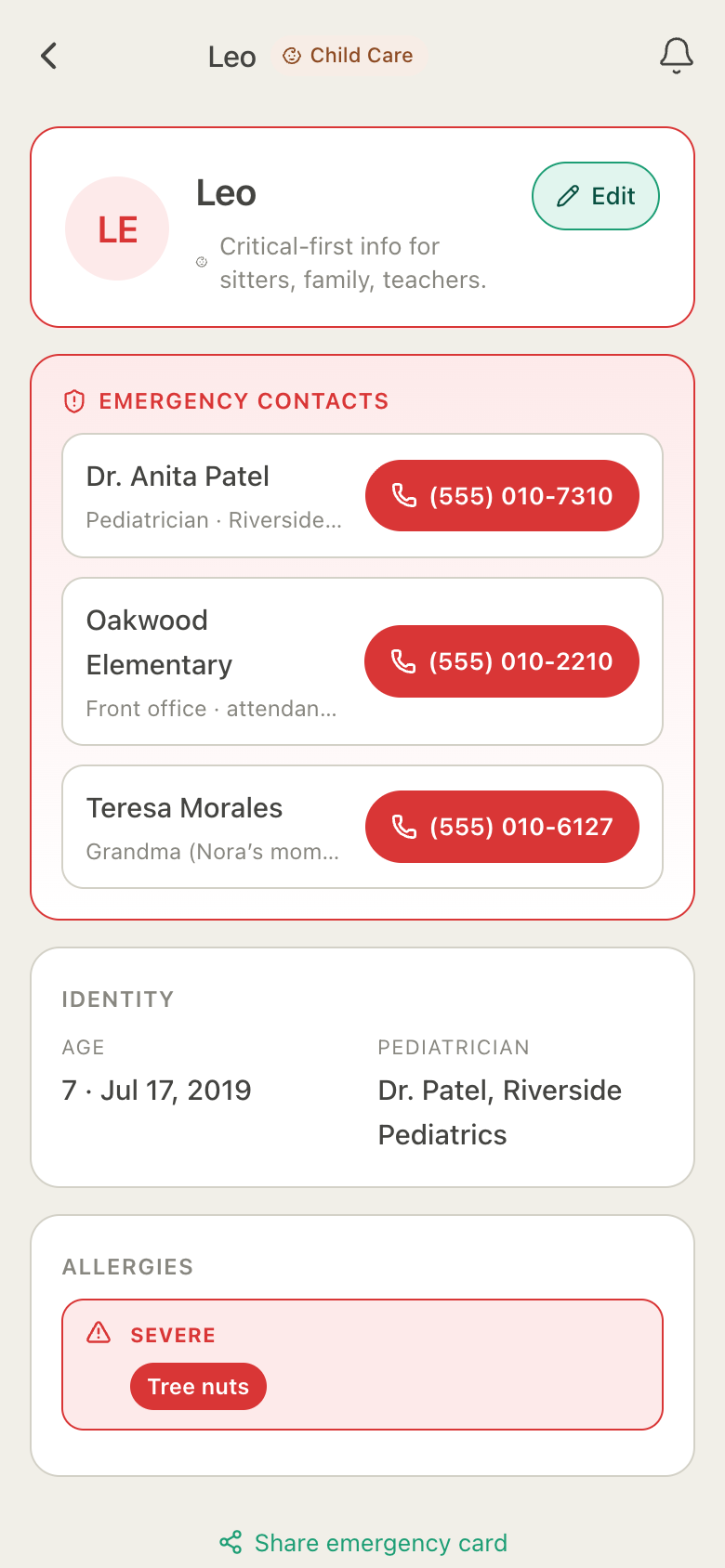 HuddleCare Emergency Info Card for Leo: tap-to-call numbers for Dr. Anita Patel, Oakwood Elementary and Grandma Teresa, his age and pediatrician, and a severe tree nut allergy