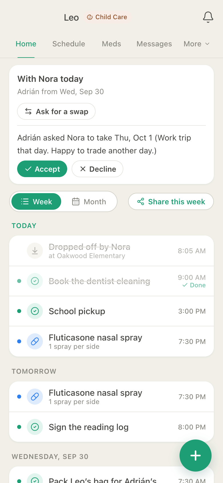 HuddleCare Home for Leo: with Nora today and with Adrián from Wednesday, Adrián's request for Nora to take Thursday with Accept and Decline, and today's drop-off, tasks and nasal spray