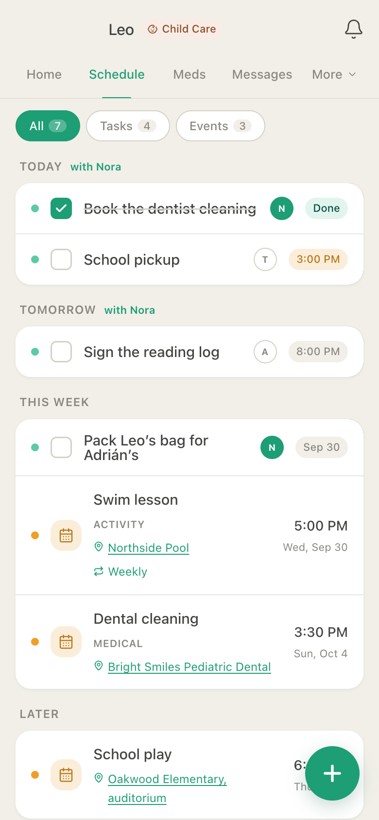 HuddleCare Schedule for Leo: today and tomorrow marked with Nora, the reading log, packing Leo's bag for Adrián's, a weekly swim lesson and a dental cleaning