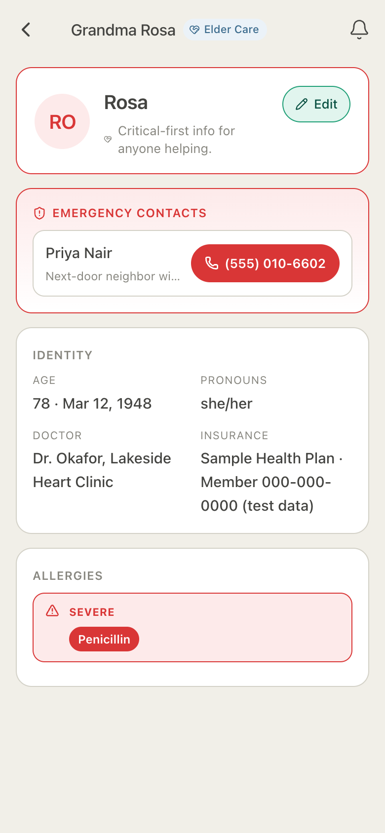 HuddleCare Emergency Info Card for Rosa: a tap-to-call neighbor, her age and doctor, a sample insurance plan and a severe penicillin allergy