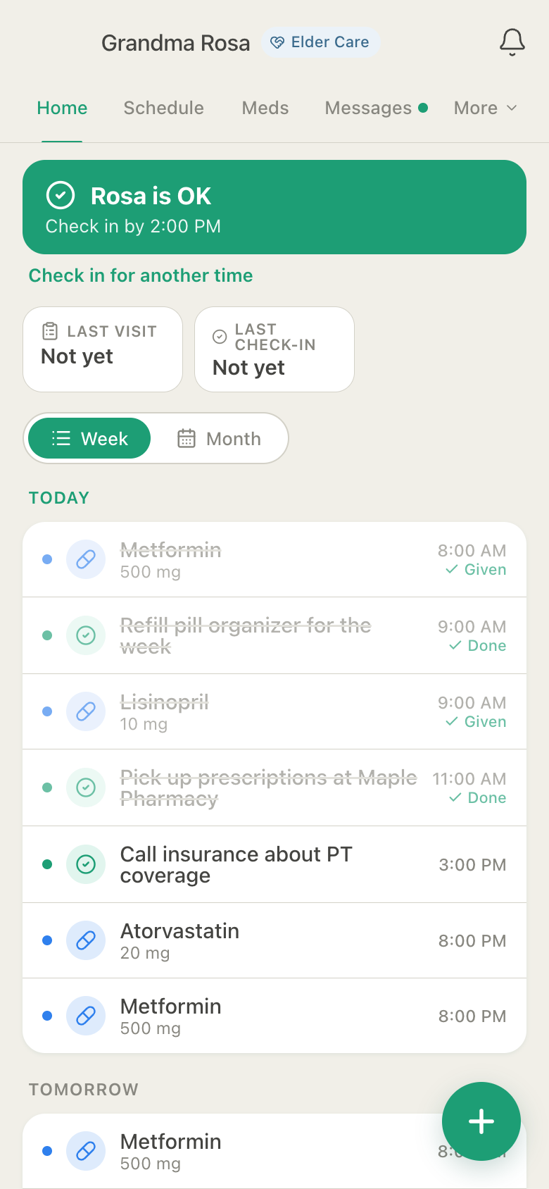 HuddleCare Home for Grandma Rosa: the daily check-in button, today's Metformin and Lisinopril doses marked Given, two tasks marked Done, and the rest of the day's doses and tasks