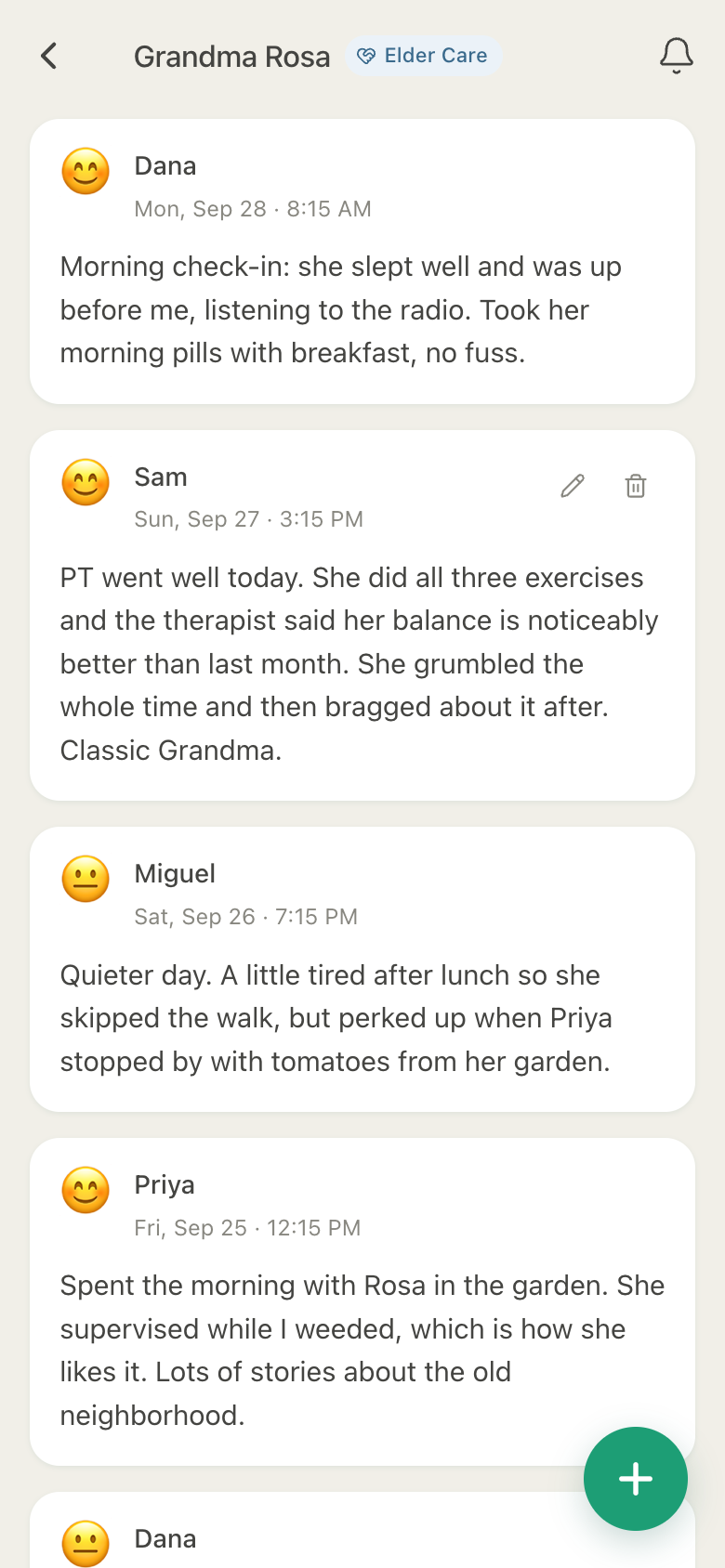 HuddleCare Journal for Rosa: dated updates from Dana, Sam, Miguel and Priya about her morning, her physical therapy and her garden
