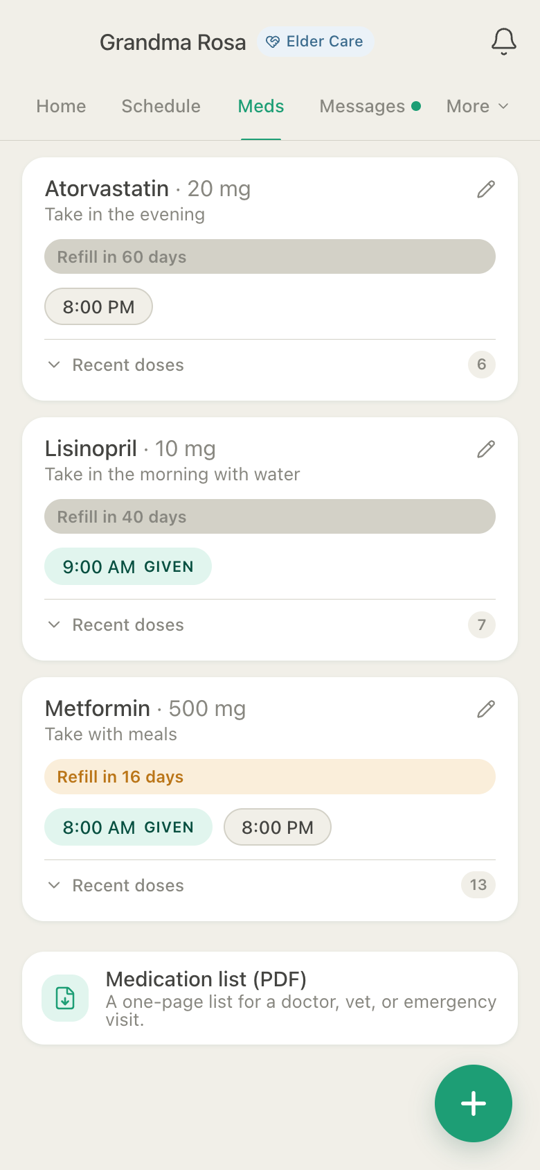 HuddleCare Medications for Rosa: Atorvastatin at 8 PM, Lisinopril given at 9 AM, Metformin given at 8 AM and due at 8 PM, each with a refill countdown