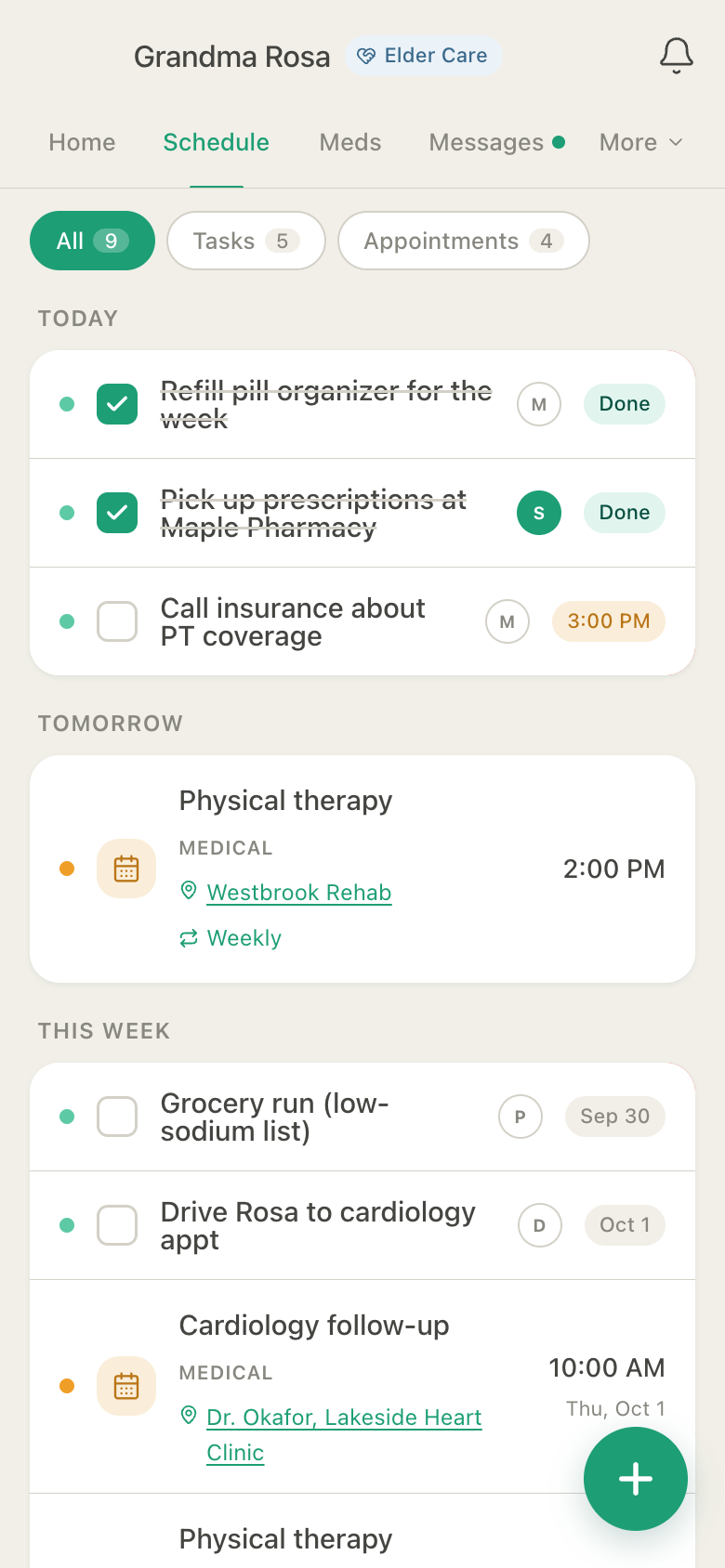 HuddleCare Schedule for Grandma Rosa: tasks with each helper's initial, two done today, physical therapy tomorrow and a cardiology follow-up this week