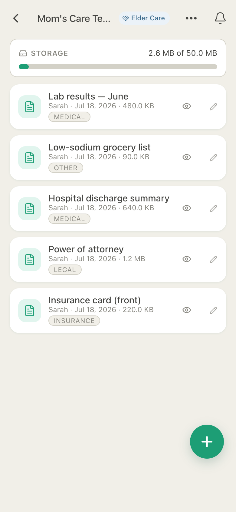 HuddleCare Documents screen with categorized medical, legal, and insurance files and a storage meter