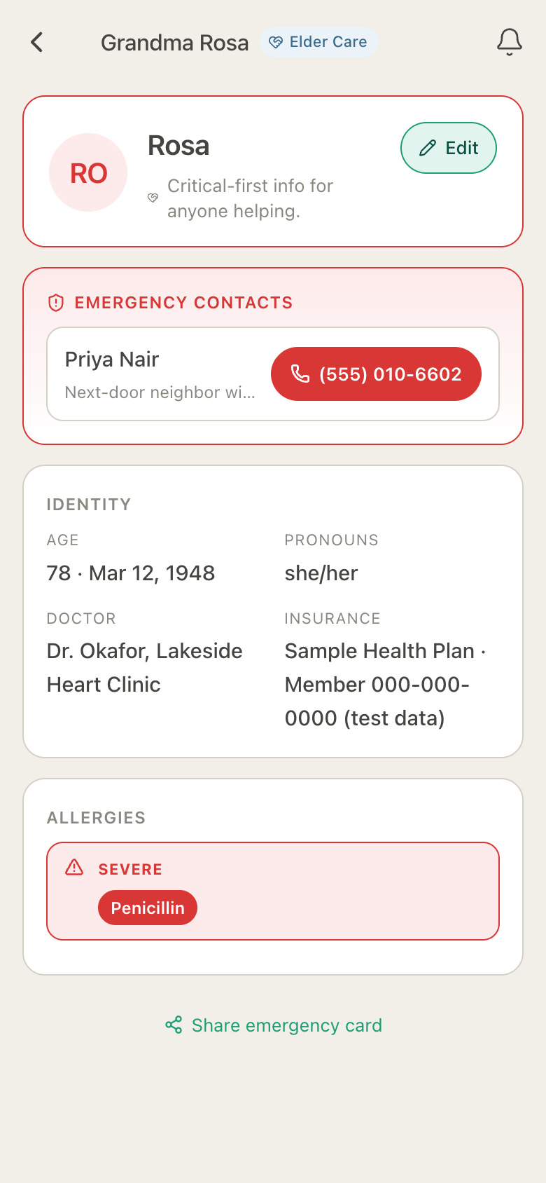 Tarjeta de Emergencia de HuddleCare con un contacto de emergencia para llamar con un toque, identidad, médico, seguro y una alergia grave a la penicilina