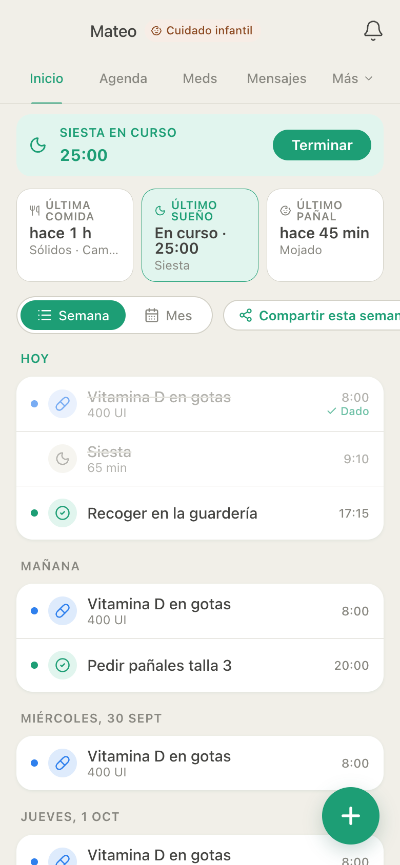 Inicio de HuddleCare para Mateo: el temporizador de la siesta, la última comida hace 1 hora, el sueño en curso y el último pañal hace 45 minutos, y las gotas de vitamina D y tareas de la semana