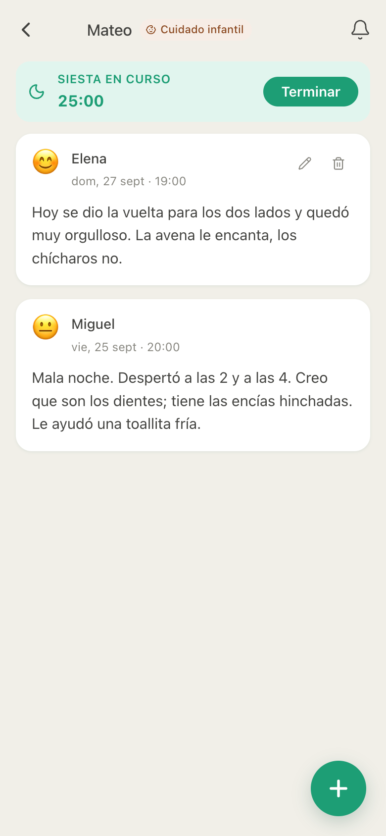 Diario de HuddleCare para Mateo: Elena cuenta que se dio la vuelta para los dos lados y que le encanta la avena, y Miguel cuenta una mala noche por los dientes