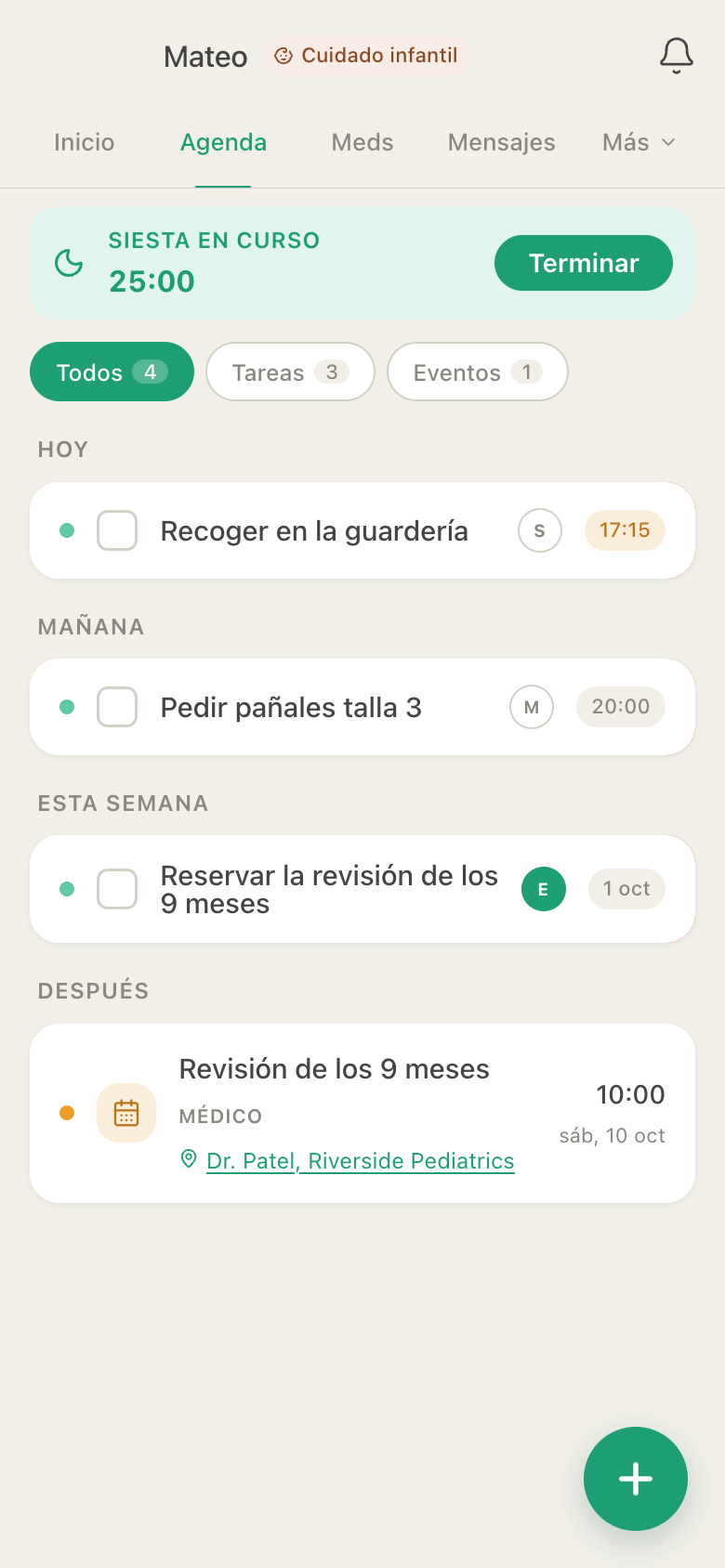 Agenda de HuddleCare para Mateo: recoger en la guardería hoy, pedir pañales talla 3 mañana, reservar la revisión de los 9 meses esta semana y la revisión con el Dr. Patel