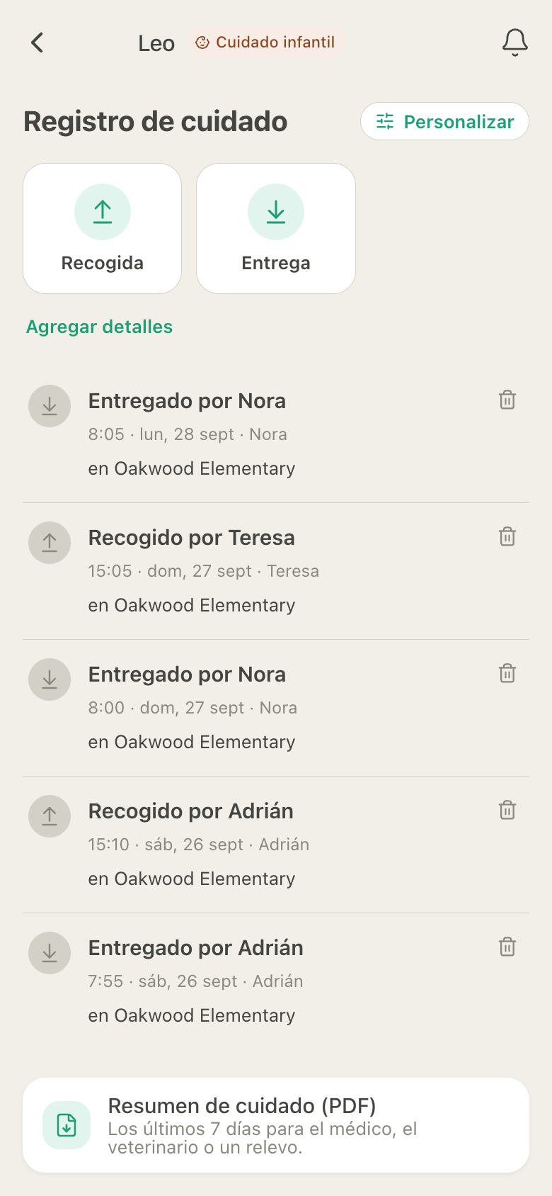 Registro de cuidado de HuddleCare para Leo: entregas de Nora y Adrián y recogidas de Teresa y Adrián en Oakwood Elementary durante tres días