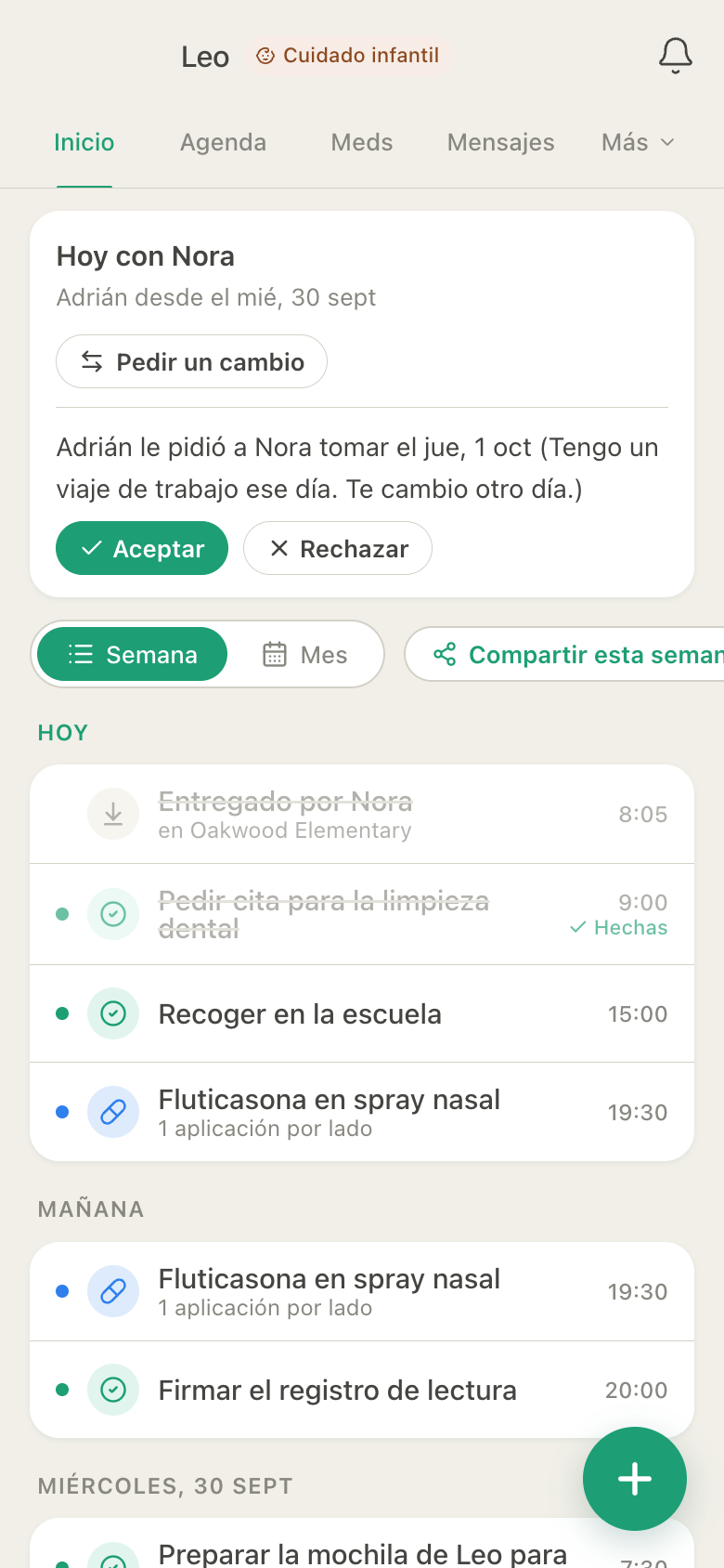 Inicio de HuddleCare para Leo: hoy con Nora y con Adrián desde el miércoles, la solicitud de Adrián para que Nora tome el jueves con Aceptar y Rechazar, y la entrega, las tareas y el spray nasal de hoy
