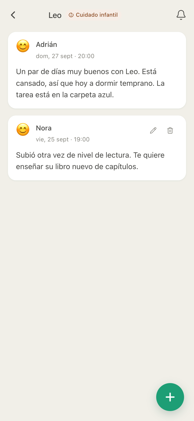 Diario de HuddleCare para Leo: la nota de entrega de Adrián sobre la tarea en la carpeta azul y la nota de Nora sobre su nivel de lectura