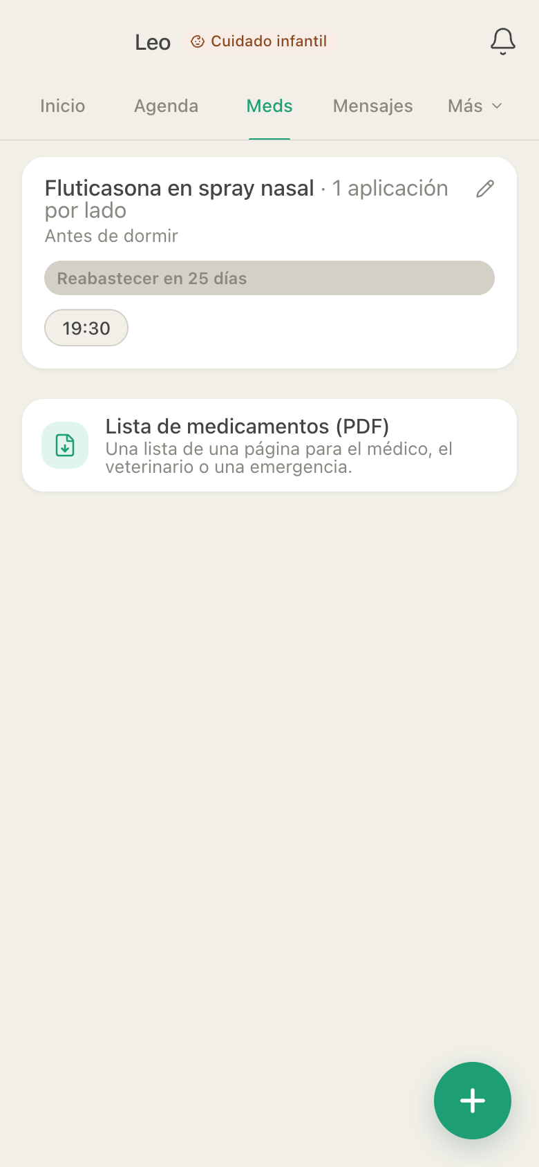 Medicamentos de HuddleCare para Leo: fluticasona en spray nasal, una aplicación por lado antes de dormir, a las 19:30, con su cuenta para reabastecer