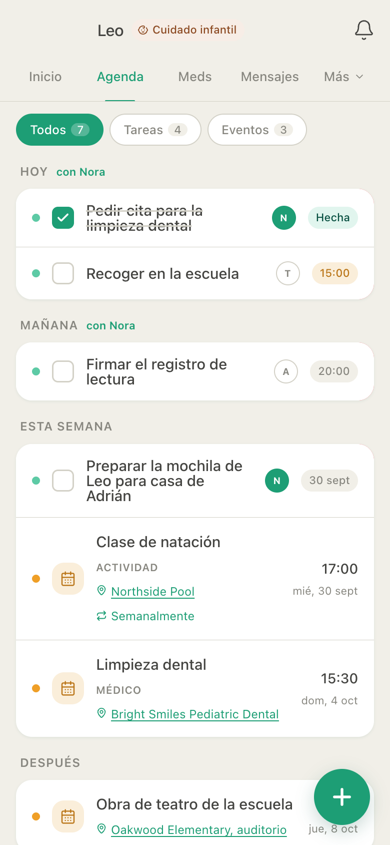 Agenda de HuddleCare para Leo: hoy y mañana marcados con Nora, el registro de lectura, preparar la mochila de Leo para casa de Adrián, la clase de natación semanal y una limpieza dental