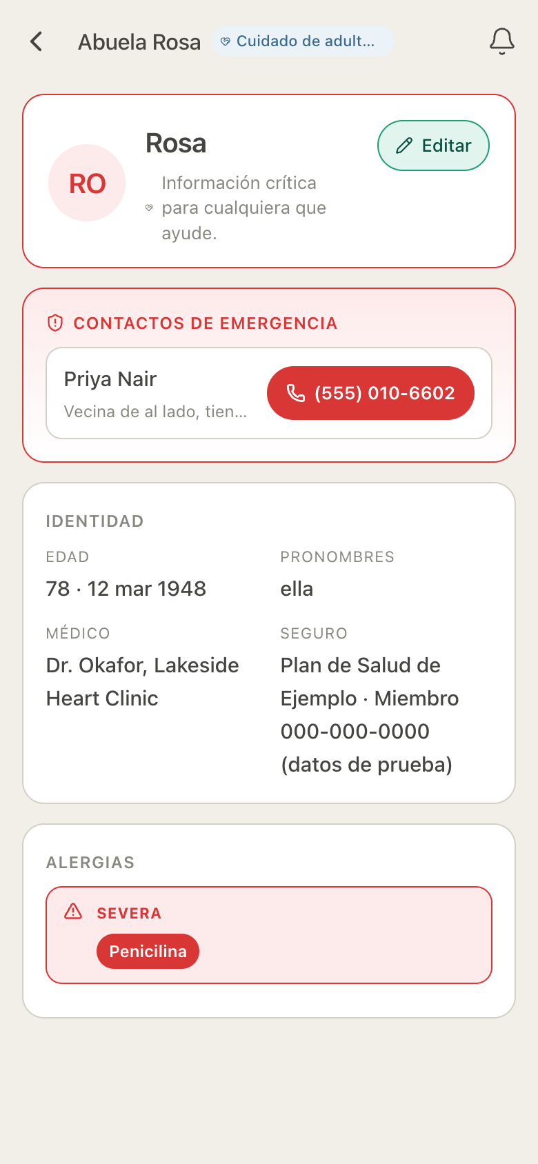 Tarjeta de emergencia de HuddleCare para Rosa: una vecina con llamada en un toque, su edad y su médico, un plan de seguro de ejemplo y una alergia severa a la penicilina