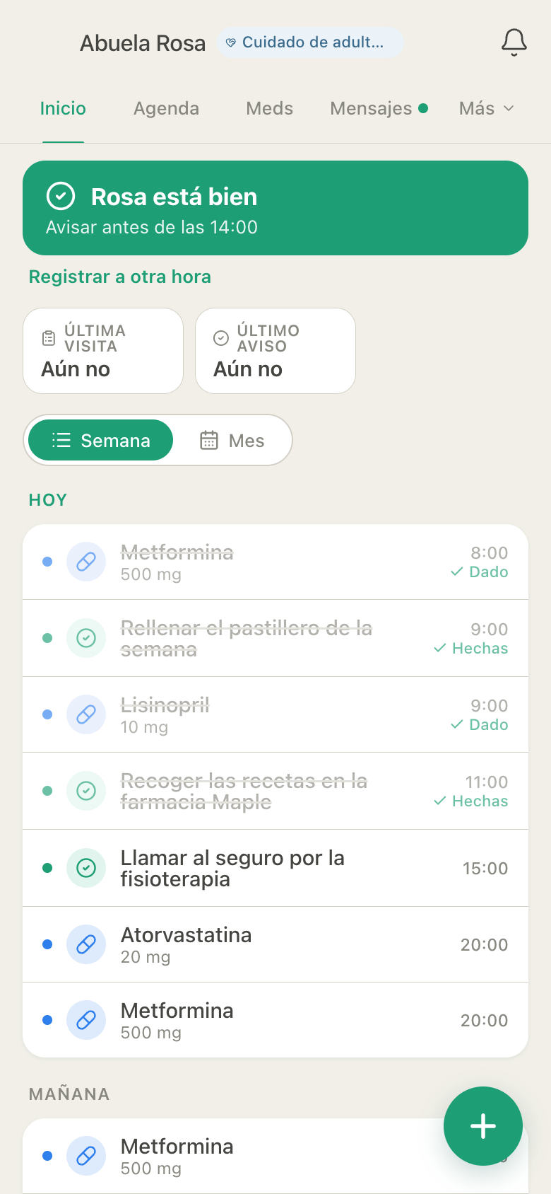 Inicio de HuddleCare para la abuela Rosa: el botón del aviso diario, las dosis de metformina y lisinopril de hoy marcadas como dadas, dos tareas hechas y el resto de las dosis y tareas del día
