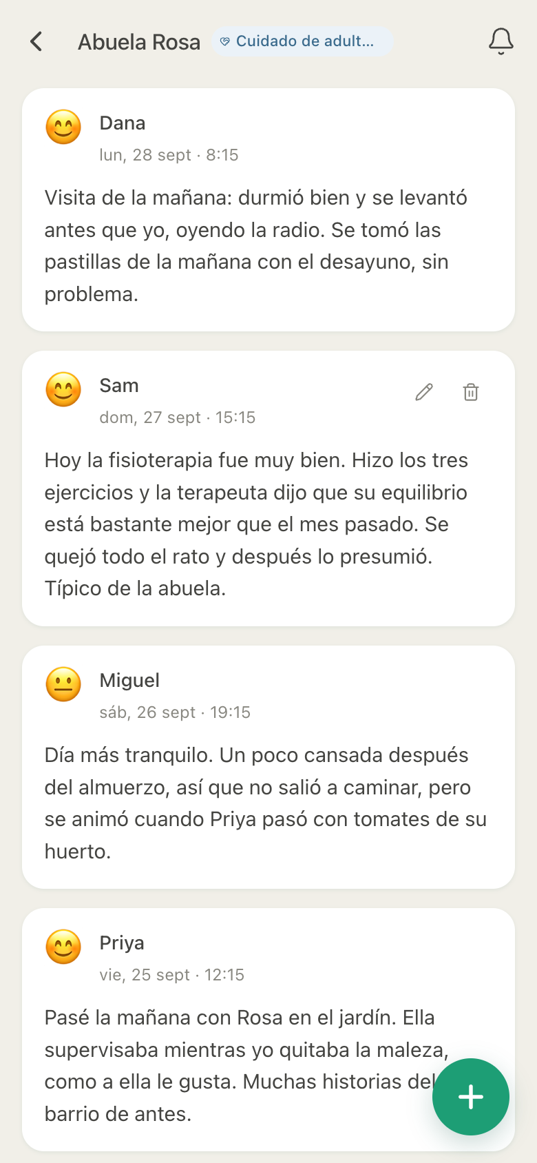 Diario de HuddleCare para Rosa: notas con fecha de Dana, Sam, Miguel y Priya sobre su mañana, su fisioterapia y su jardín