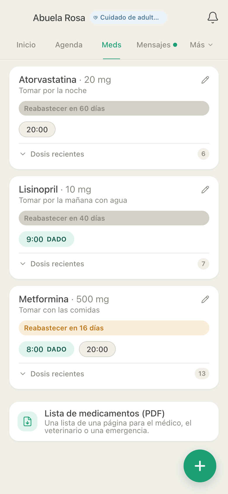 Medicamentos de HuddleCare para Rosa: atorvastatina a las 20:00, lisinopril dado a las 9:00, metformina dada a las 8:00 y pendiente a las 20:00, cada uno con su cuenta para reabastecer
