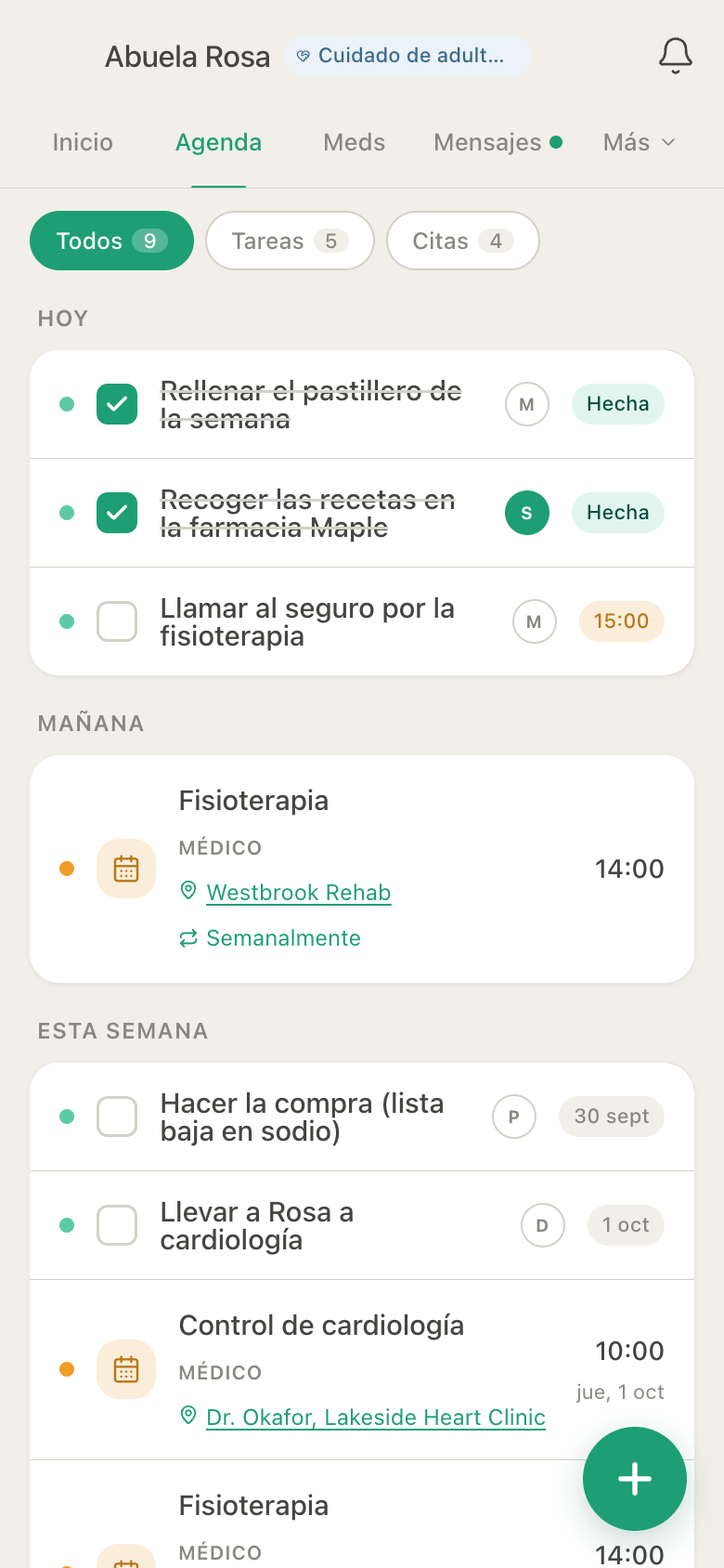 Agenda de HuddleCare para la abuela Rosa: tareas con la inicial de quien ayuda, dos hechas hoy, fisioterapia mañana y un control de cardiología esta semana