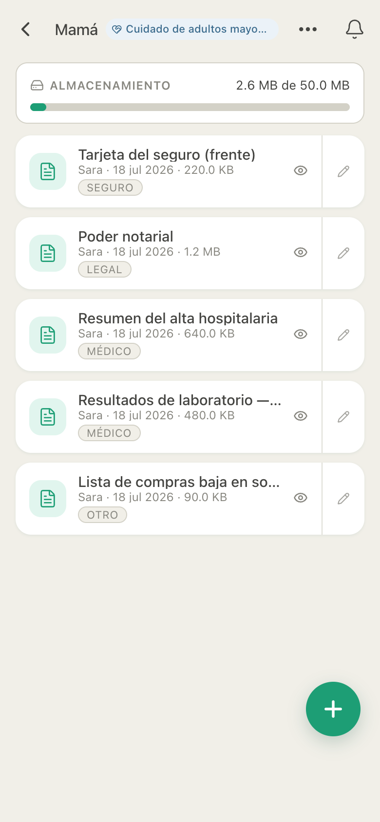 Pantalla de Documentos de HuddleCare con archivos médicos, legales y de seguros por categoría y un medidor de almacenamiento