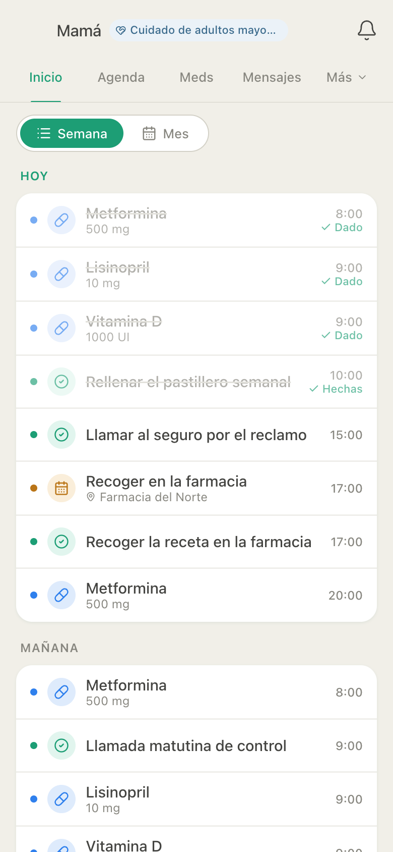 Agenda del huddle en HuddleCare combinando medicamentos, tareas y citas de hoy y mañana