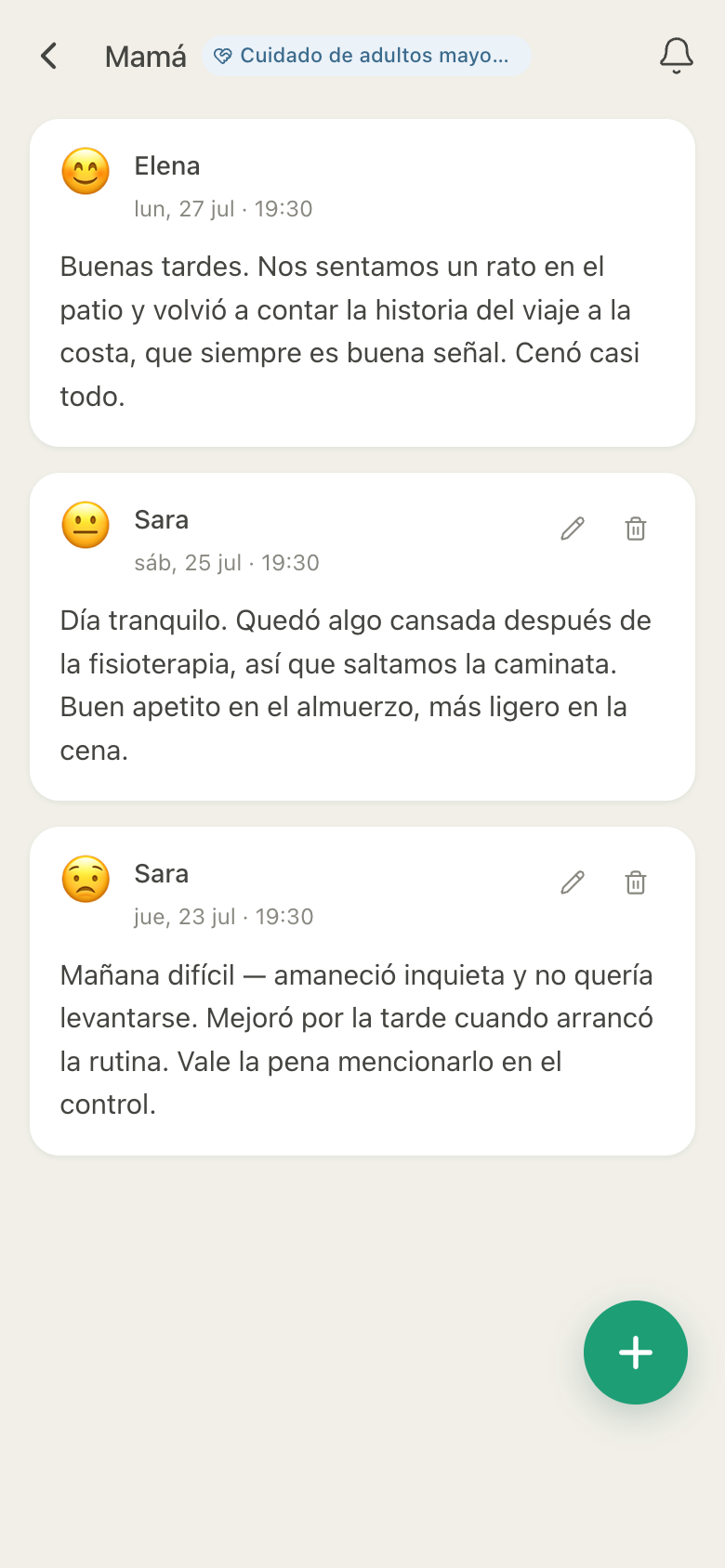 Pantalla de Diario de HuddleCare con actualizaciones de cuidado fechadas de dos familiares