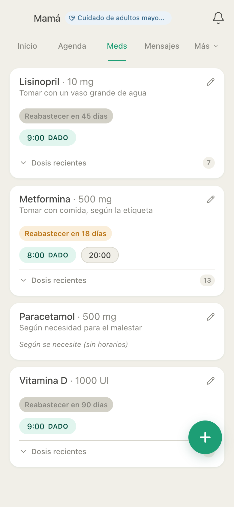 Pantalla de Medicamentos de HuddleCare con horarios de dosis, una dosis dada y un aviso de reabastecimiento