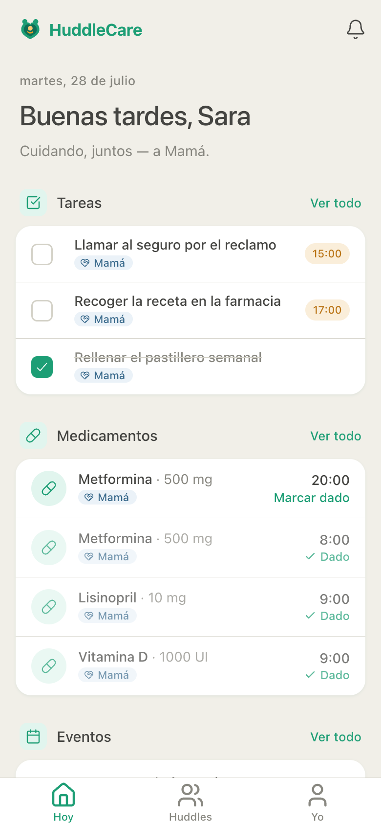 Pantalla Hoy de HuddleCare con las tareas, medicamentos y citas del día para el equipo de cuidado de mamá