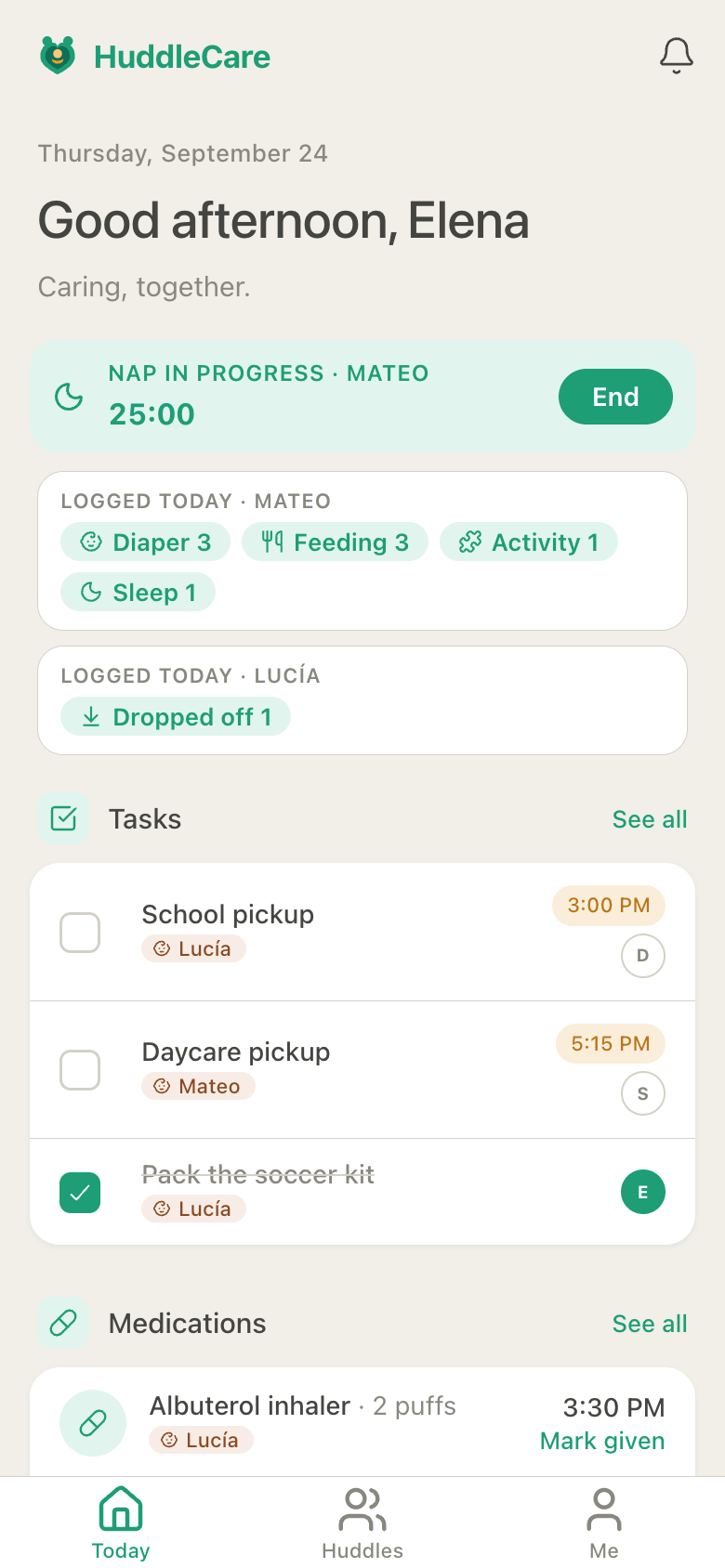 Elena's HuddleCare Today screen at the same moment: the same nap timer for Mateo, today's logged care for Mateo and Lucía, and their pickups