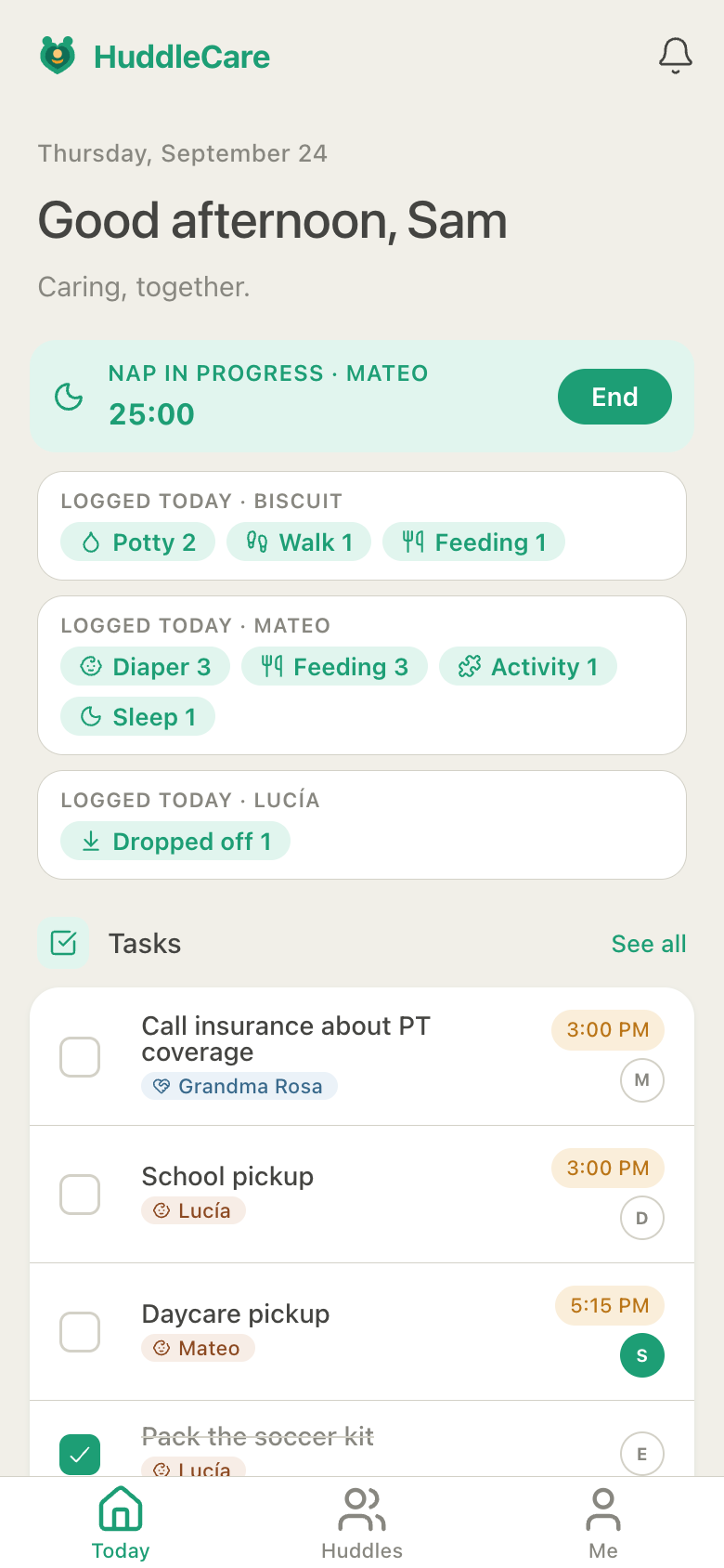 Sam's HuddleCare Today screen: Mateo's nap timer running, today's logged care for Biscuit the dog, baby Mateo and school-age Lucía, and tasks for Grandma Rosa, Lucía and Mateo