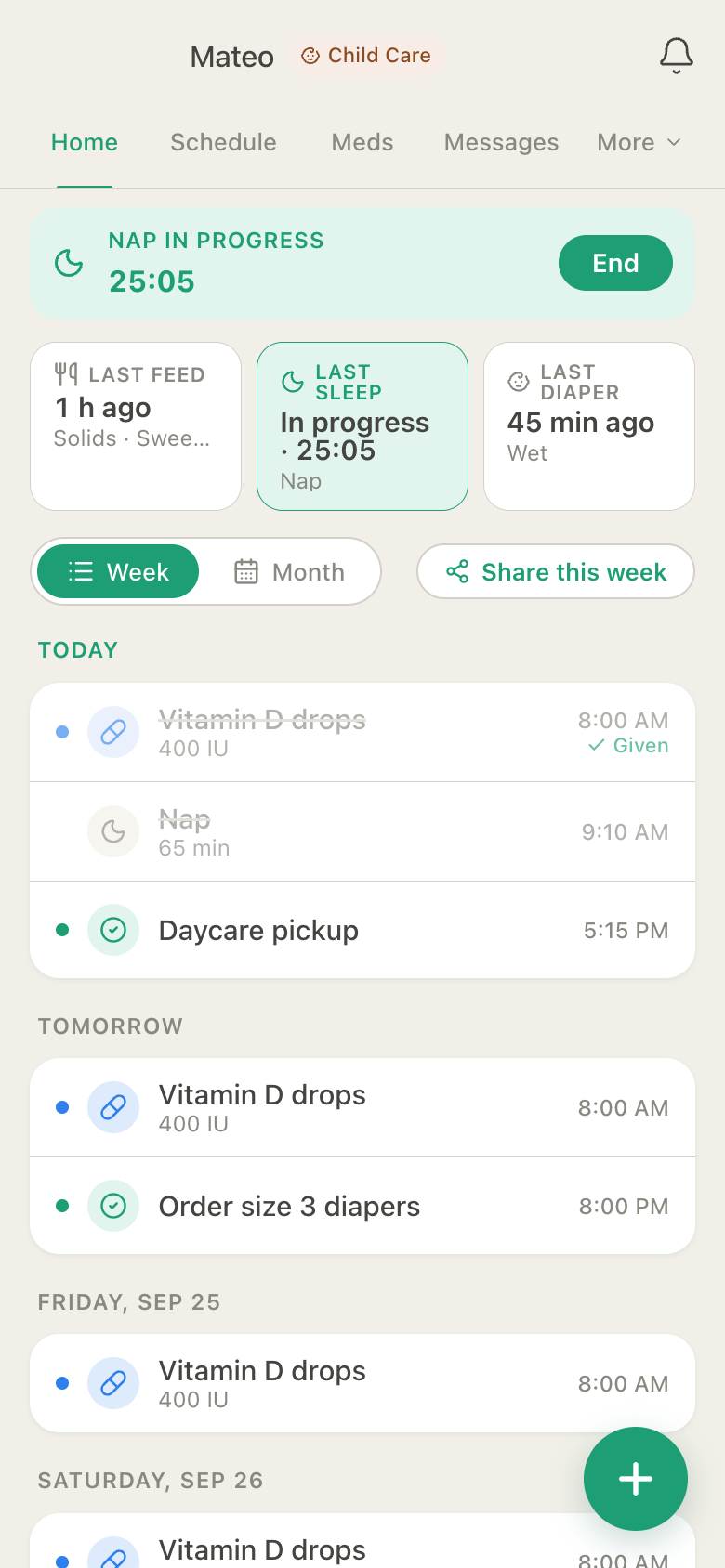 Inicio de HuddleCare para un bebé con un temporizador de siesta en curso, tarjetas de última comida, último sueño y último pañal, y la agenda de la semana