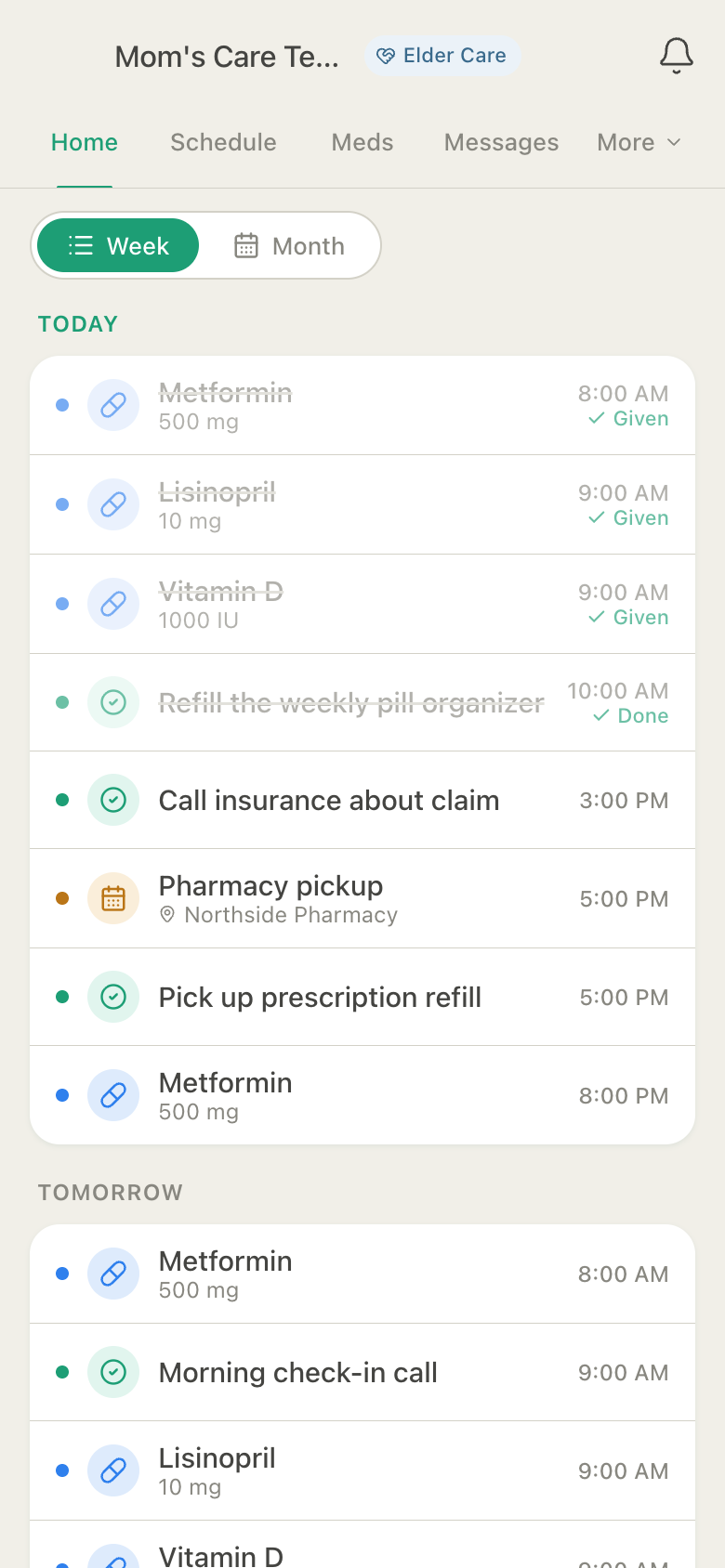 HuddleCare Huddle Home agenda mixing medications, tasks, and appointments for today and tomorrow