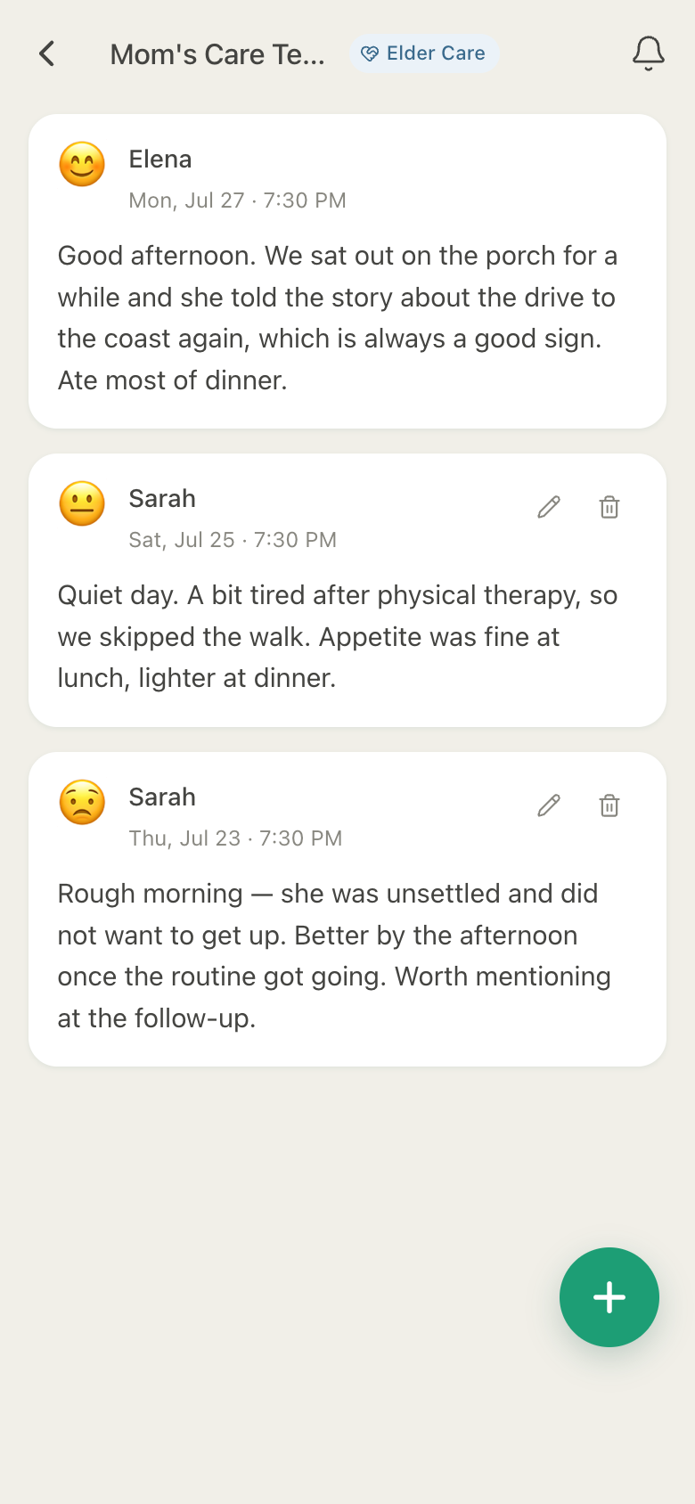 HuddleCare Journal screen with dated care updates from two family members
