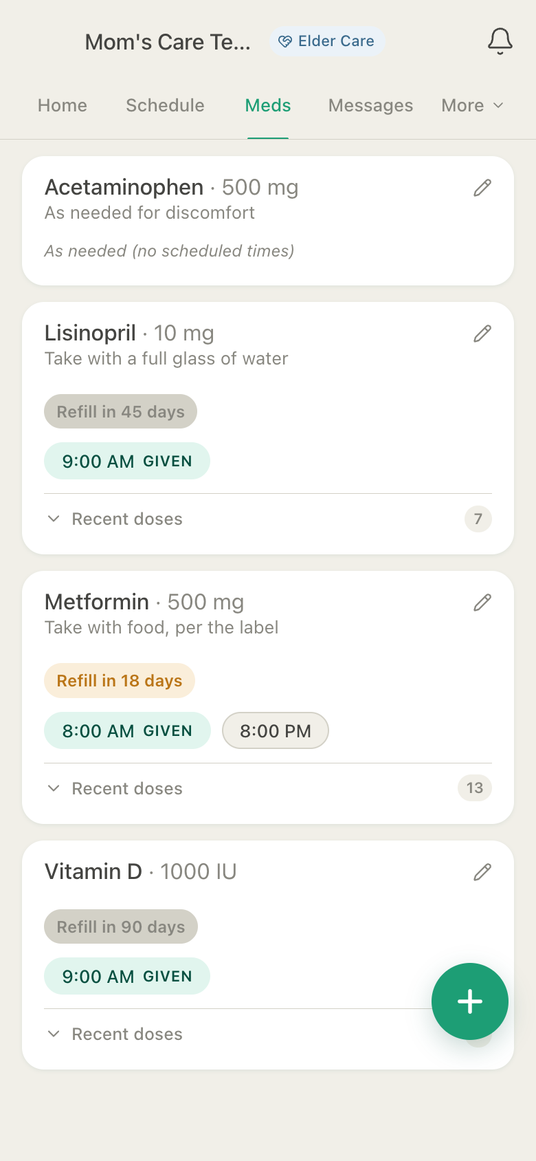 HuddleCare Medications screen with dose schedules, a given dose, and a refill-due warning