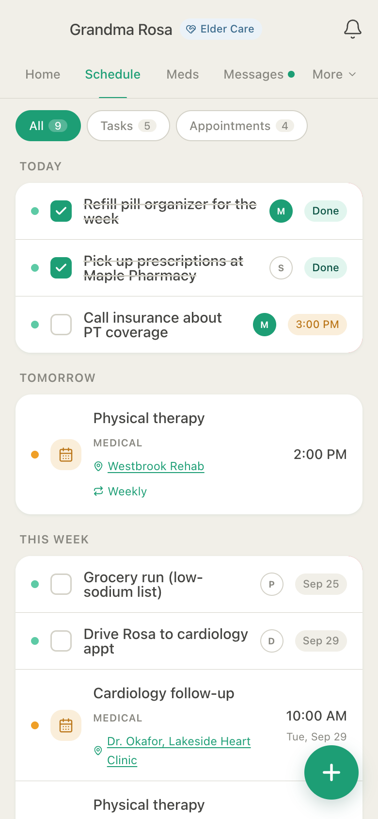Agenda de HuddleCare que mezcla tareas con responsables y citas médicas, con tareas completadas marcadas