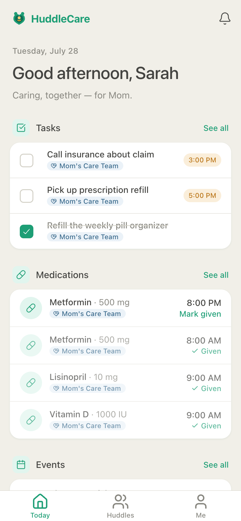 HuddleCare Today screen showing the day's tasks, medications, and appointments for Mom's Care Team